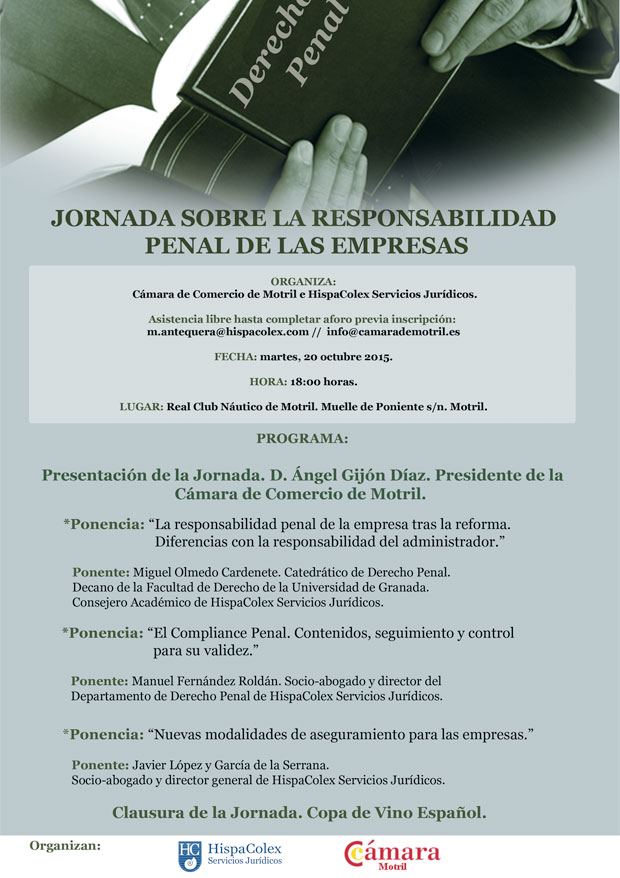 Cartel de la jornada de la Responsabilidad Penal de las empresas que se celebra en Motril, Granada